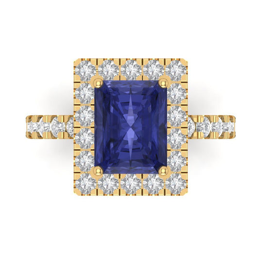 3.84 cttw Simulated Tanzanite Solitaire with Zirconia Simulated Diamond Accents Engagement Ring - Solid Yellow Gold (VVS1, Emerald Cut,9x7mm)