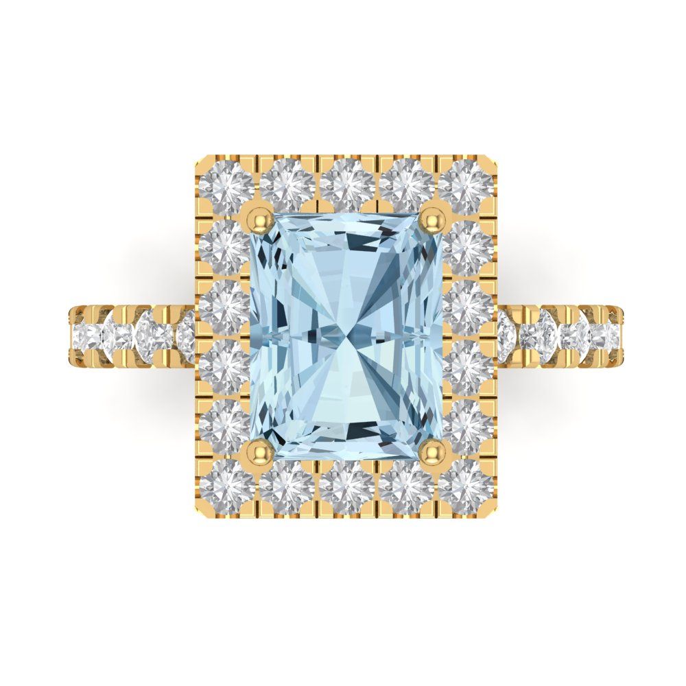 3.84 cttw Natural Sky Blue Topaz Solitaire with Zirconia Simulated Diamond Accents Engagement Ring - Solid Yellow Gold (VVS1, Emerald Cut,9x7mm)