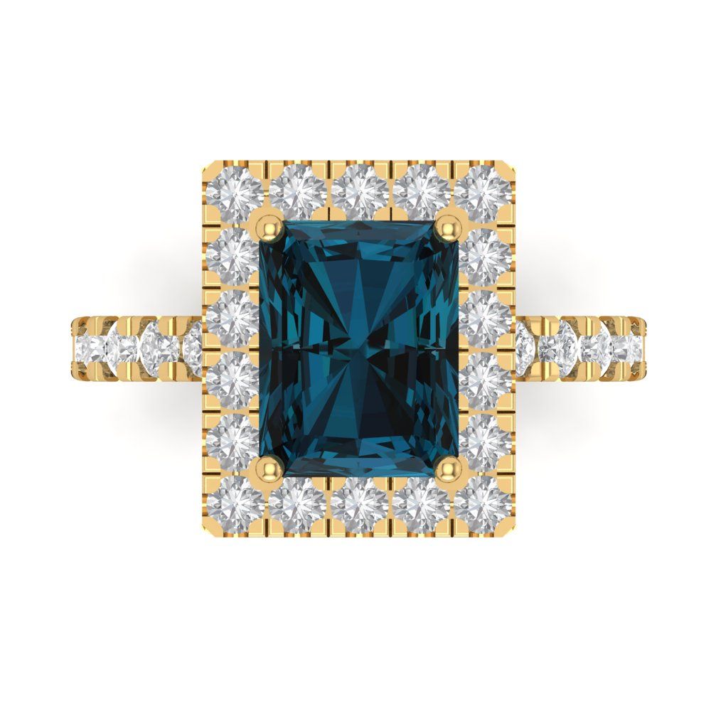 3.84 cttw Natural London Blue Topaz Solitaire with Zirconia Simulated Diamond Accents Engagement Ring - Solid Yellow Gold (VVS1, Emerald Cut,9x7mm)