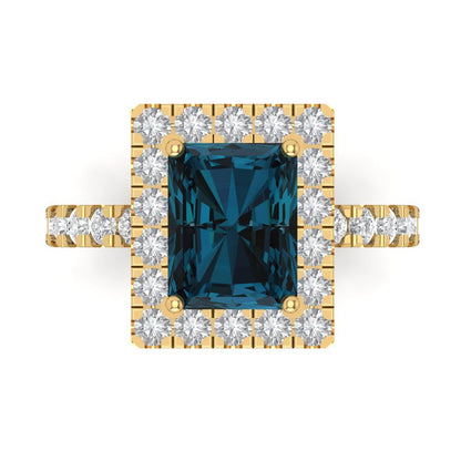 3.84 cttw Natural London Blue Topaz Solitaire with Zirconia Simulated Diamond Accents Engagement Ring - Solid Yellow Gold (VVS1, Emerald Cut,9x7mm)