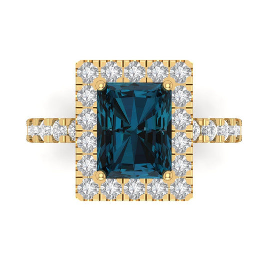 3.84 cttw Natural London Blue Topaz Solitaire with Zirconia Simulated Diamond Accents Engagement Ring - Solid Yellow Gold (VVS1, Emerald Cut,9x7mm)