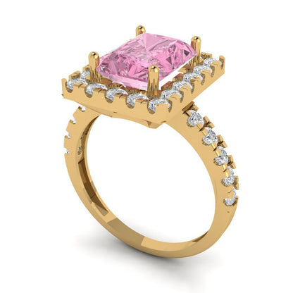 3.84 cttw Zirconia Simulated Pink Diamond Solitaire with Zirconia Simulated Diamond Accents Engagement Ring - Solid Yellow Gold (VVS1, Emerald Cut,9x7mm)