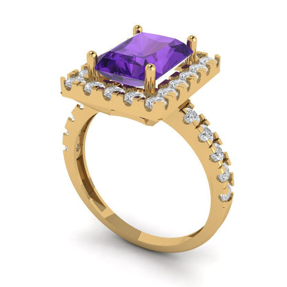 3.84 cttw Natural Amethyst Solitaire with Zirconia Simulated Diamond Accents Engagement Ring - Solid Gold (Emerald Cut,9x7mm)