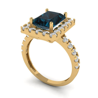 3.84 cttw Natural London Blue Topaz Solitaire with Zirconia Simulated Diamond Accents Engagement Ring - Solid Yellow Gold (VVS1, Emerald Cut,9x7mm)