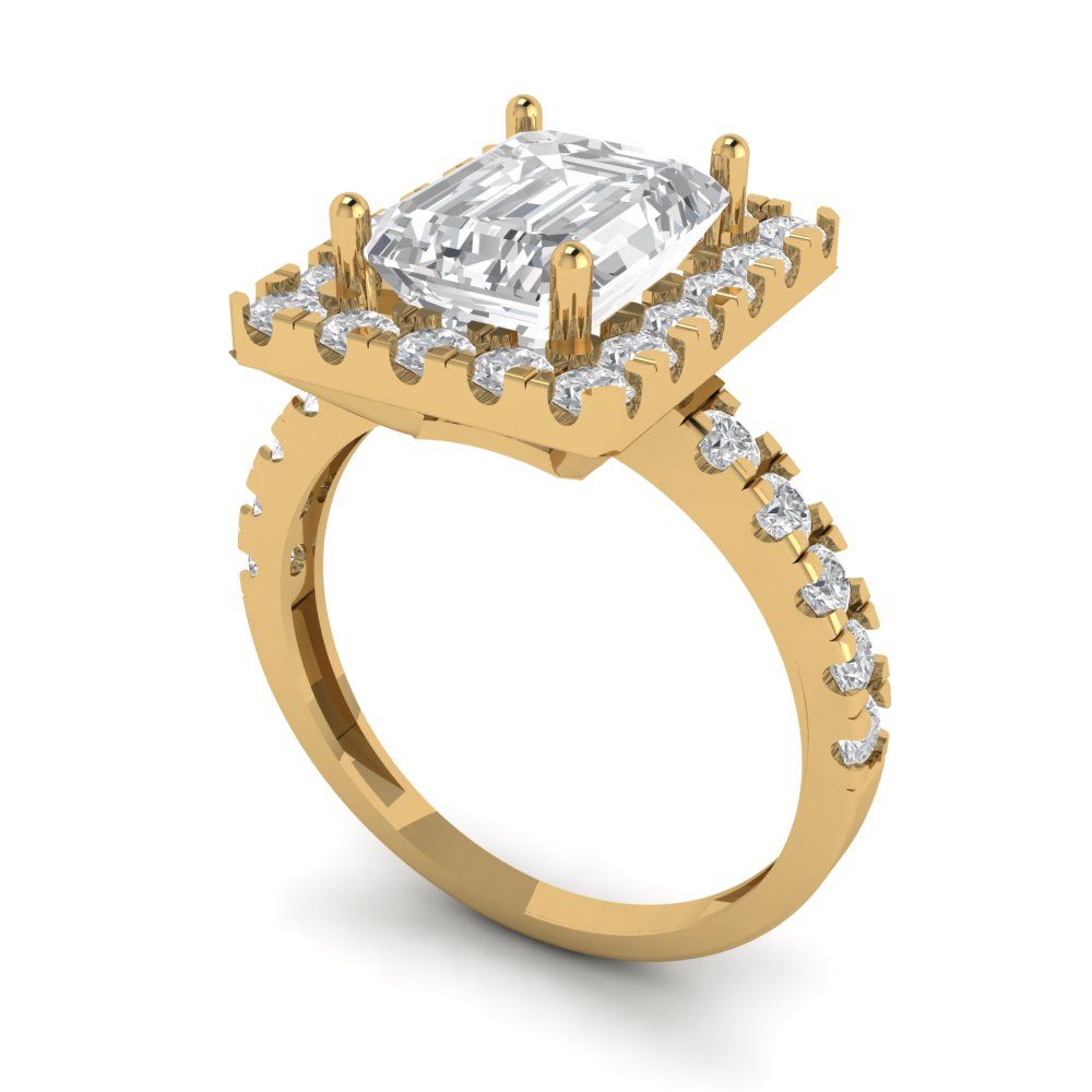 3.84 cttw Moissanite Solitaire with Zirconia Simulated Diamond Accents Engagement Ring - Solid Yellow Gold (VVS1, Emerald Cut,9x7mm)