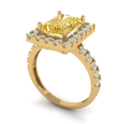 3.84 cttw Yellow Moissanite Solitaire with Zirconia Simulated Diamond Accents Engagement Ring - Solid Gold (Emerald Cut,9x7mm)