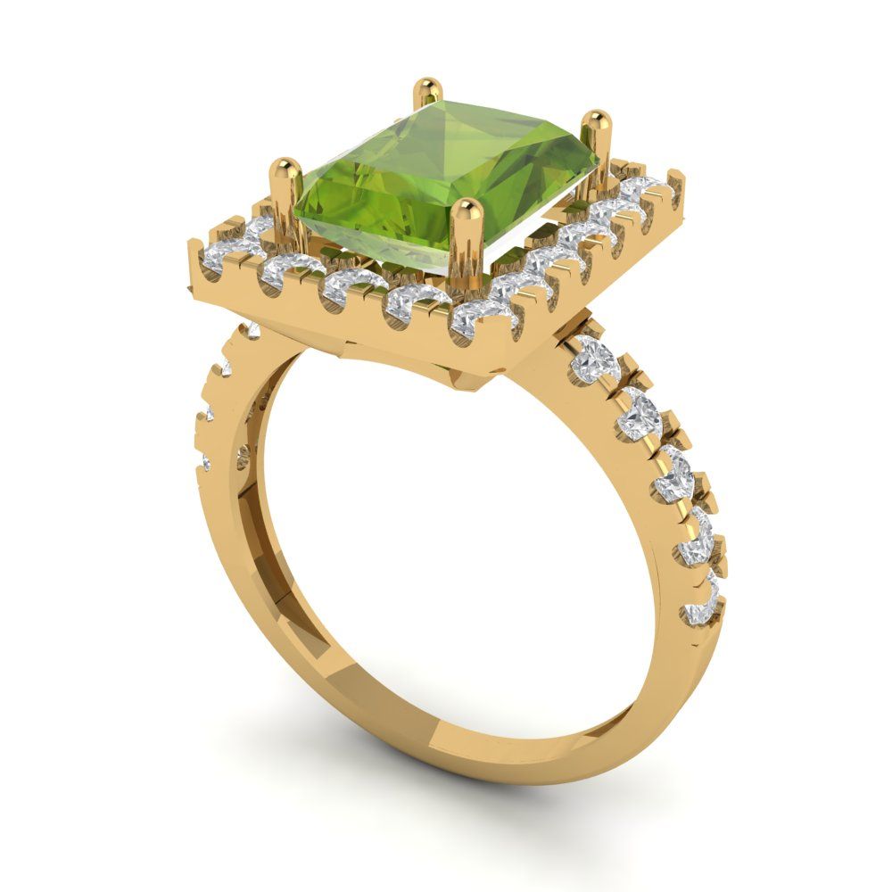 3.84 cttw Natural Peridot Solitaire with Zirconia Simulated Diamond Accents Engagement Ring - Solid Gold (Emerald Cut,9x7mm)