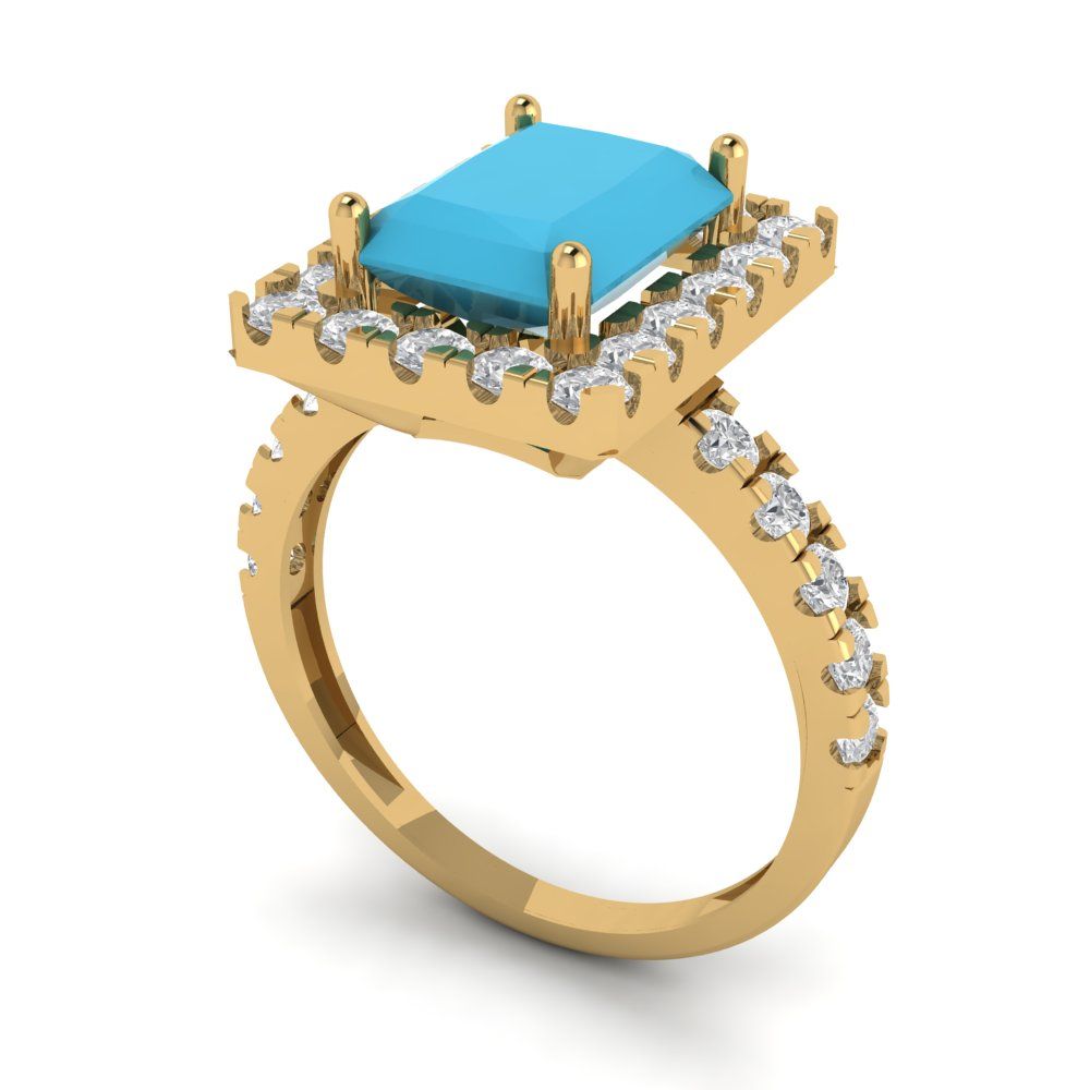 3.84 cttw Simulated Turquoise Solitaire with Zirconia Simulated Diamond Accents Engagement Ring - Solid Gold (Emerald Cut,9x7mm)