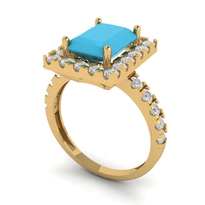 3.84 cttw Simulated Turquoise Solitaire with Zirconia Simulated Diamond Accents Engagement Ring - Solid Gold (Emerald Cut,9x7mm)