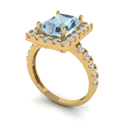 3.84 cttw Natural Swiss Blue Topaz Solitaire with Zirconia Simulated Diamond Accents Engagement Ring - Solid Gold (Emerald Cut,9x7mm)