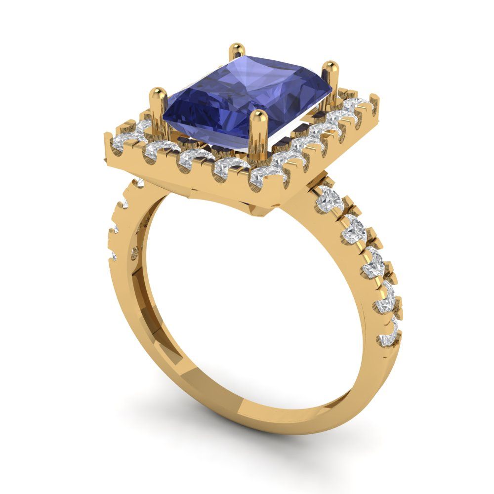 3.84 cttw Simulated Tanzanite Solitaire with Zirconia Simulated Diamond Accents Engagement Ring - Solid Gold (Emerald Cut,9x7mm)