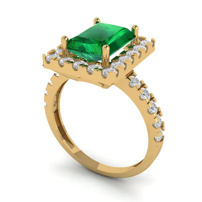 3.84 cttw Simulated Emerald Solitaire with Zirconia Simulated Diamond Accents Engagement Ring - Solid Gold (Emerald Cut,9x7mm)