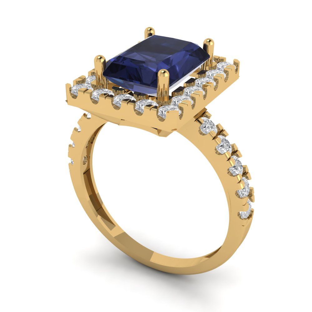 3.84 cttw Simulated Blue Sapphire Solitaire with Zirconia Simulated Diamond Accents Engagement Ring - Solid Gold (Emerald Cut,9x7mm)