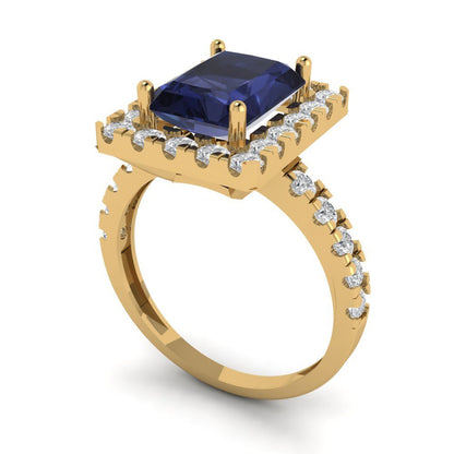 3.84 cttw Simulated Blue Sapphire Solitaire with Zirconia Simulated Diamond Accents Engagement Ring - Solid Gold (Emerald Cut,9x7mm)