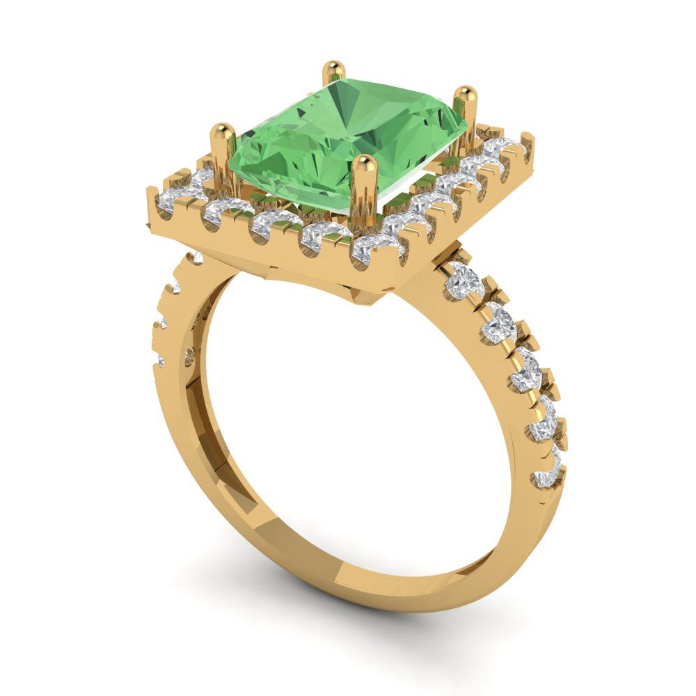 3.84 cttw Zirconia Simulated Green Diamond Solitaire with Zirconia Simulated Diamond Accents Engagement Ring - Solid Yellow Gold (VVS1, Emerald Cut,9x7mm)