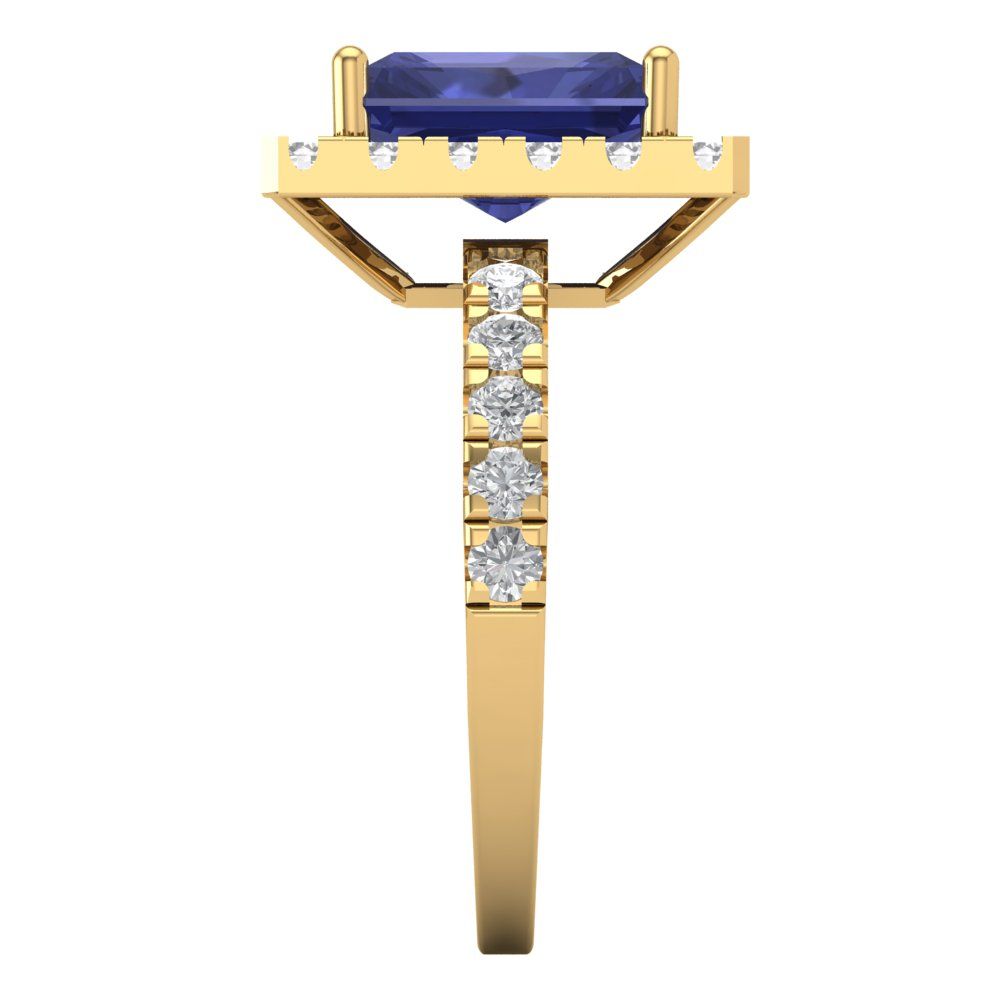 3.84 cttw Simulated Tanzanite Solitaire with Zirconia Simulated Diamond Accents Engagement Ring - Solid Gold (Emerald Cut,9x7mm)