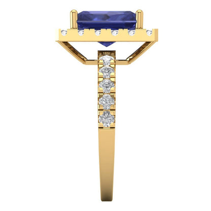 3.84 cttw Simulated Tanzanite Solitaire with Zirconia Simulated Diamond Accents Engagement Ring - Solid Gold (Emerald Cut,9x7mm)