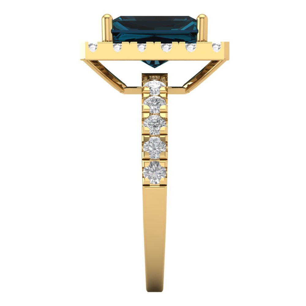 3.84 cttw Natural London Blue Topaz Solitaire with Zirconia Simulated Diamond Accents Engagement Ring - Solid Yellow Gold (VVS1, Emerald Cut,9x7mm)