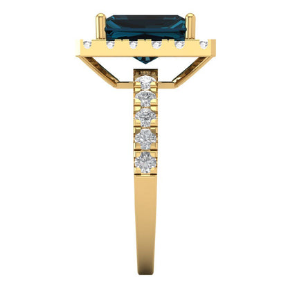 3.84 cttw Natural London Blue Topaz Solitaire with Zirconia Simulated Diamond Accents Engagement Ring - Solid Yellow Gold (VVS1, Emerald Cut,9x7mm)