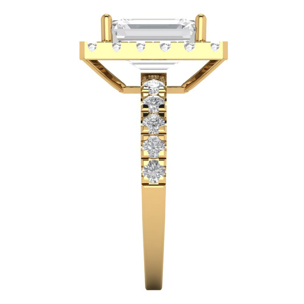 3.84 cttw Moissanite Solitaire with Zirconia Simulated Diamond Accents Engagement Ring - Solid Yellow Gold (VVS1, Emerald Cut,9x7mm)