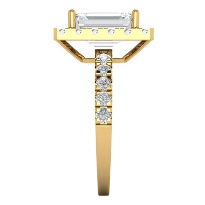 3.84 cttw Moissanite Solitaire with Zirconia Simulated Diamond Accents Engagement Ring - Solid Yellow Gold (VVS1, Emerald Cut,9x7mm)