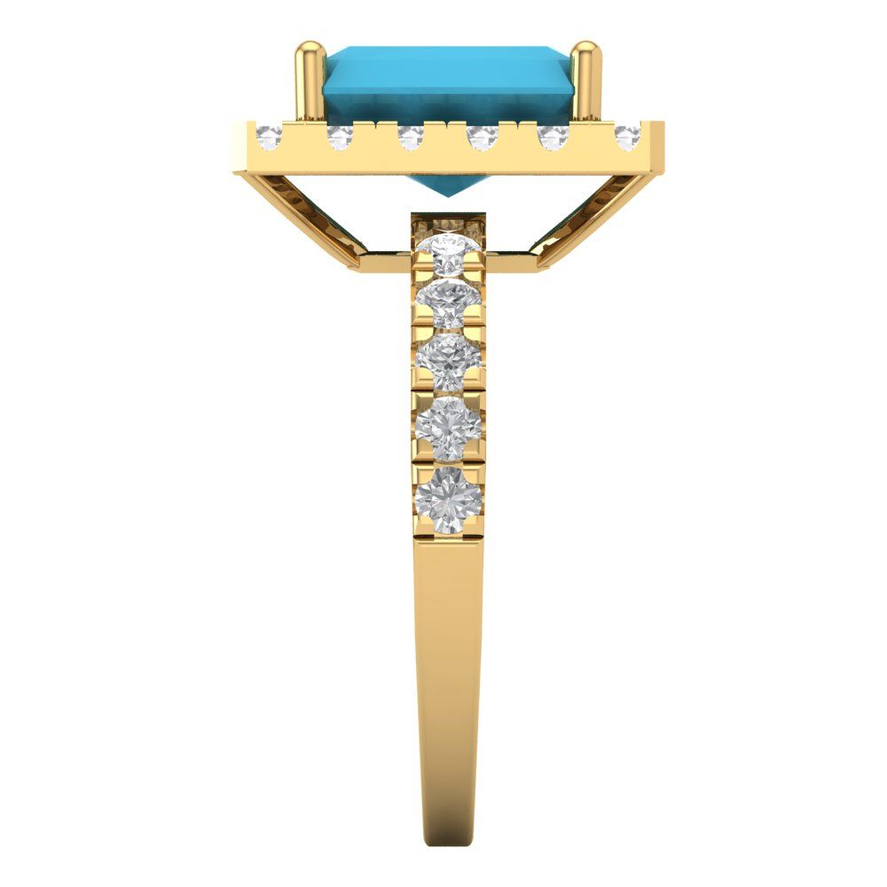 3.84 cttw Simulated Turquoise Solitaire with Zirconia Simulated Diamond Accents Engagement Ring - Solid Gold (Emerald Cut,9x7mm)