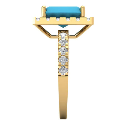 3.84 cttw Simulated Turquoise Solitaire with Zirconia Simulated Diamond Accents Engagement Ring - Solid Gold (Emerald Cut,9x7mm)