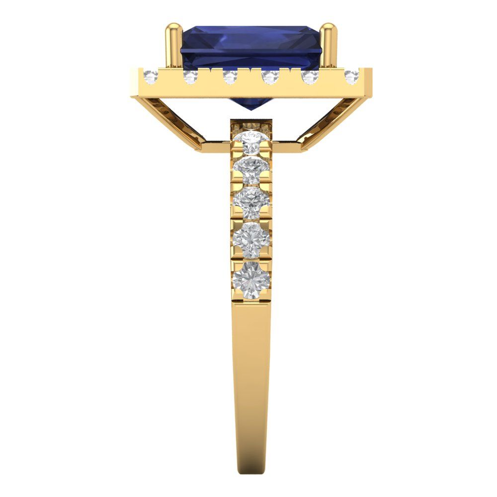 3.84 cttw Simulated Blue Sapphire Solitaire with Zirconia Simulated Diamond Accents Engagement Ring - Solid Gold (Emerald Cut,9x7mm)