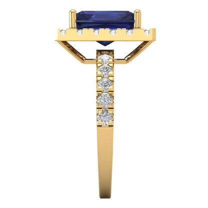 3.84 cttw Simulated Blue Sapphire Solitaire with Zirconia Simulated Diamond Accents Engagement Ring - Solid Gold (Emerald Cut,9x7mm)