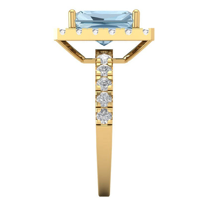 3.84 cttw Natural Swiss Blue Topaz Solitaire with Zirconia Simulated Diamond Accents Engagement Ring - Solid Gold (Emerald Cut,9x7mm)