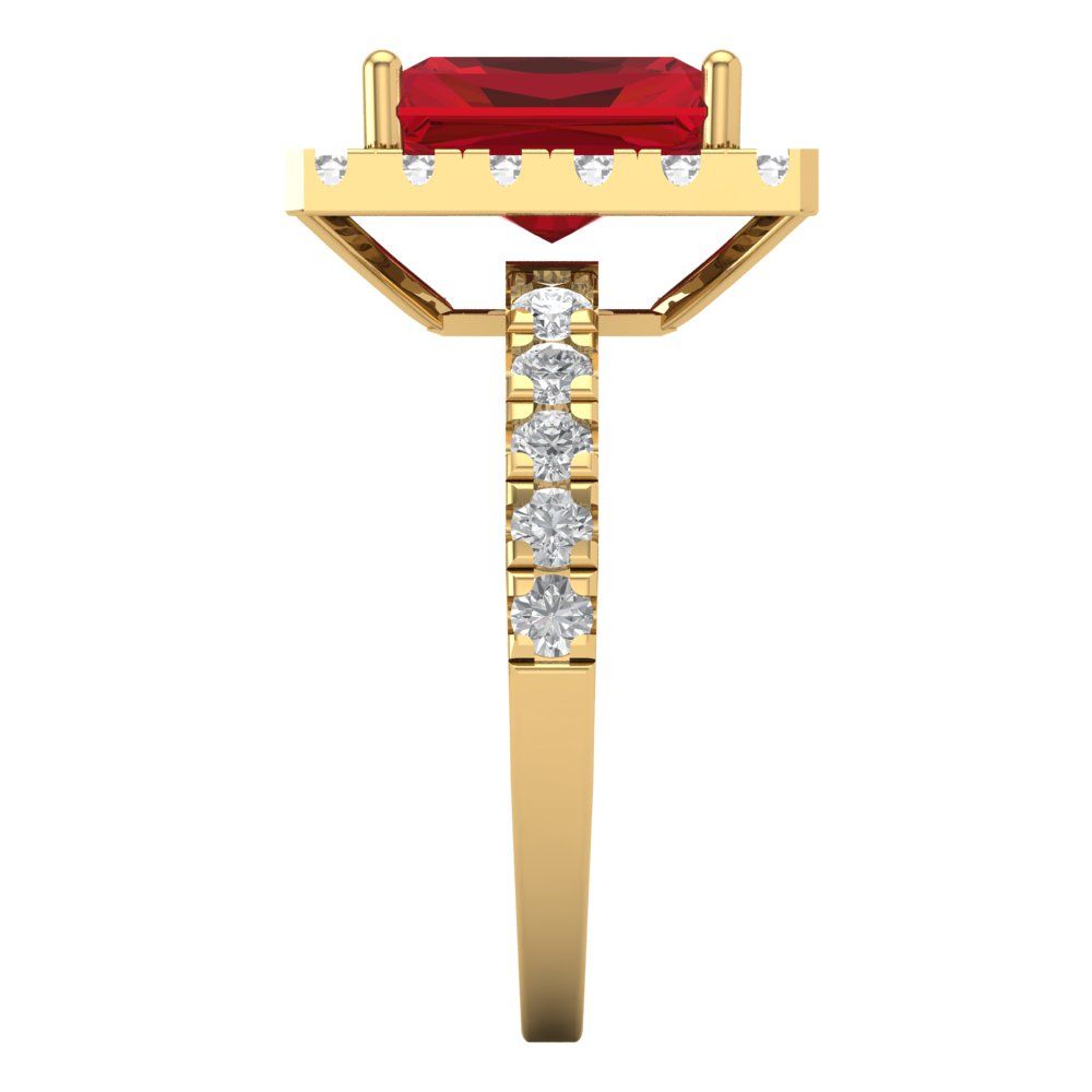3.84 cttw Simulated Ruby Solitaire with Zirconia Simulated Diamond Accents Engagement Ring - Solid Gold (Emerald Cut,9x7mm)