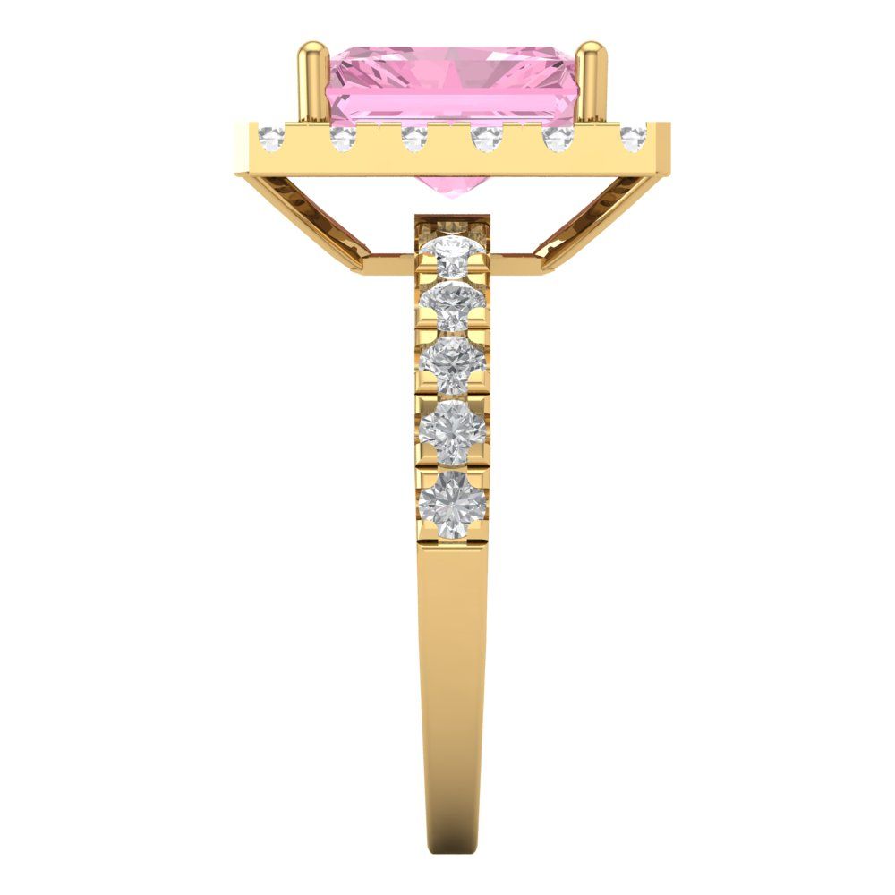 3.84 cttw Zirconia Simulated Pink Diamond Solitaire with Zirconia Simulated Diamond Accents Engagement Ring - Solid Yellow Gold (VVS1, Emerald Cut,9x7mm)