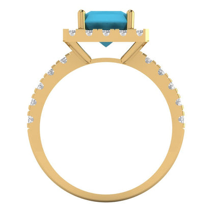 3.84 cttw Simulated Turquoise Solitaire with Zirconia Simulated Diamond Accents Engagement Ring - Solid Gold (Emerald Cut,9x7mm)
