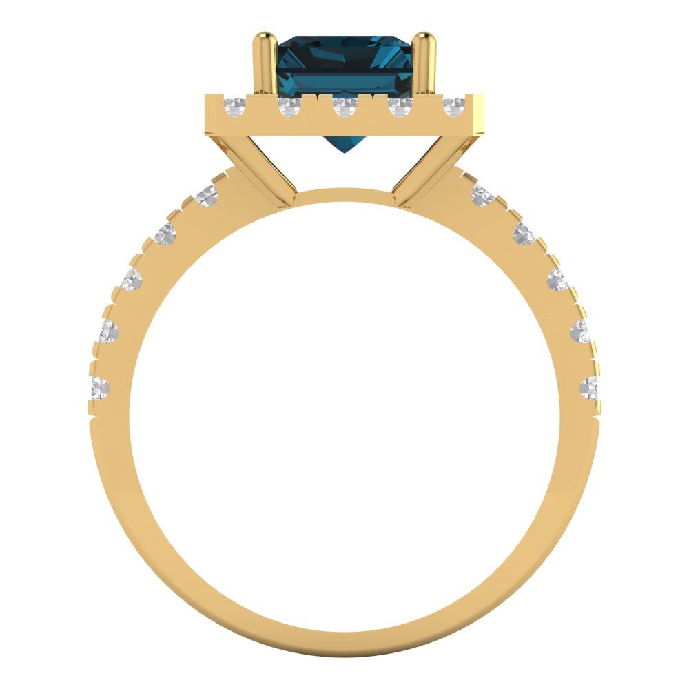 3.84 cttw Natural London Blue Topaz Solitaire with Zirconia Simulated Diamond Accents Engagement Ring - Solid Yellow Gold (VVS1, Emerald Cut,9x7mm)