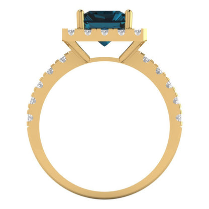 3.84 cttw Natural London Blue Topaz Solitaire with Zirconia Simulated Diamond Accents Engagement Ring - Solid Yellow Gold (VVS1, Emerald Cut,9x7mm)