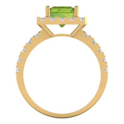 3.84 cttw Natural Peridot Solitaire with Zirconia Simulated Diamond Accents Engagement Ring - Solid Gold (Emerald Cut,9x7mm)