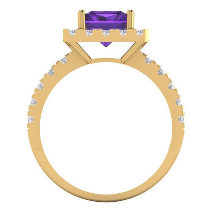 3.84 cttw Natural Amethyst Solitaire with Zirconia Simulated Diamond Accents Engagement Ring - Solid Gold (Emerald Cut,9x7mm)