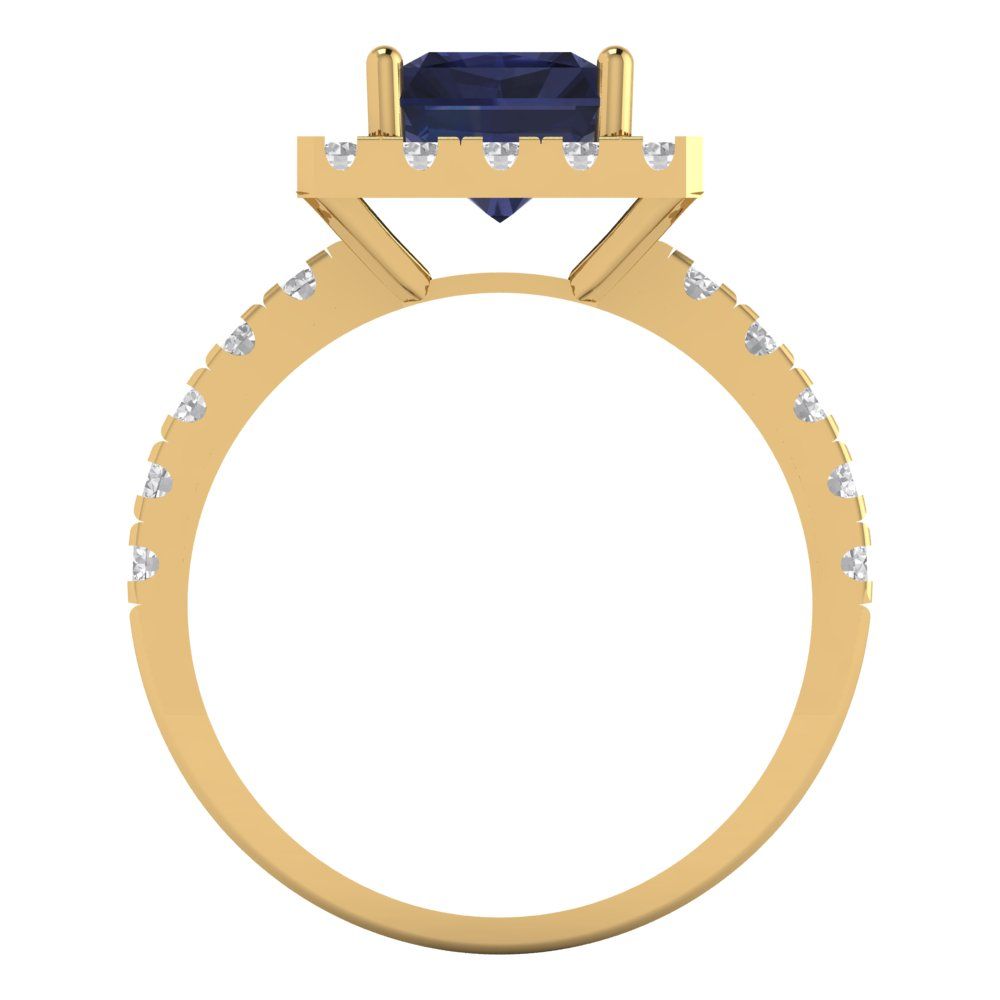 3.84 cttw Simulated Blue Sapphire Solitaire with Zirconia Simulated Diamond Accents Engagement Ring - Solid Gold (Emerald Cut,9x7mm)