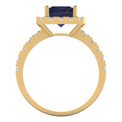 3.84 cttw Simulated Blue Sapphire Solitaire with Zirconia Simulated Diamond Accents Engagement Ring - Solid Gold (Emerald Cut,9x7mm)