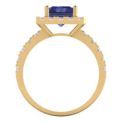3.84 cttw Simulated Tanzanite Solitaire with Zirconia Simulated Diamond Accents Engagement Ring - Solid Gold (Emerald Cut,9x7mm)