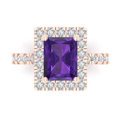 3.84 cttw Natural Amethyst Solitaire with Zirconia Simulated Diamond Accents Engagement Ring - Solid Gold (Emerald Cut,9x7mm)
