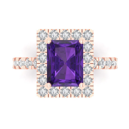 3.84 cttw Natural Amethyst Solitaire with Zirconia Simulated Diamond Accents Engagement Ring - Solid Rose Gold (VVS1, Emerald Cut,9x7mm)