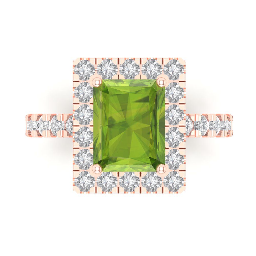 3.84 cttw Natural Peridot Solitaire with Zirconia Simulated Diamond Accents Engagement Ring - Solid Rose Gold (VVS1, Emerald Cut,9x7mm)