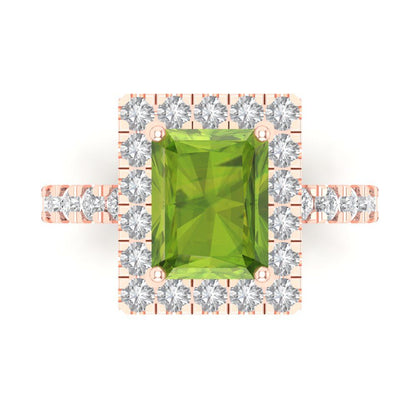 3.84 cttw Natural Peridot Solitaire with Zirconia Simulated Diamond Accents Engagement Ring - Solid Rose Gold (VVS1, Emerald Cut,9x7mm)