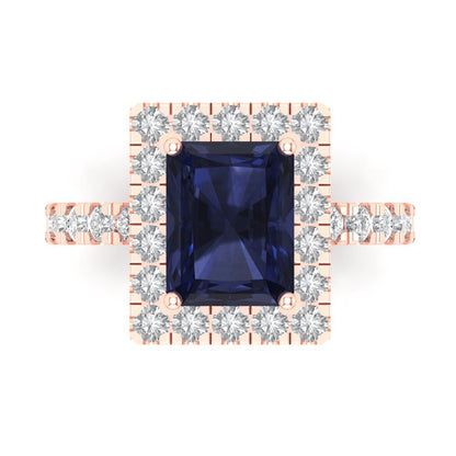 3.84 cttw Simulated Blue Sapphire Solitaire with Zirconia Simulated Diamond Accents Engagement Ring - Solid Gold (Emerald Cut,9x7mm)