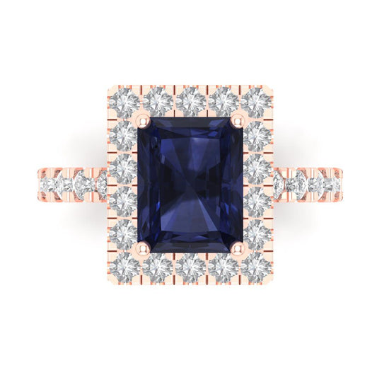 3.84 cttw Simulated Blue Sapphire Solitaire with Zirconia Simulated Diamond Accents Engagement Ring - Solid Rose Gold (VVS1, Emerald Cut,9x7mm)