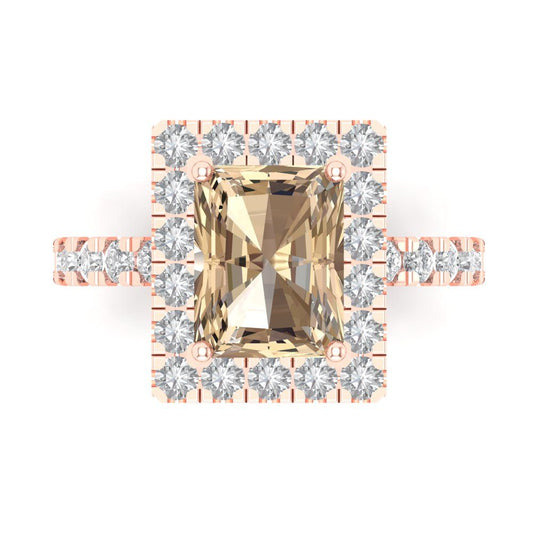 3.84 cttw Yellow Moissanite Solitaire with Zirconia Simulated Diamond Accents Engagement Ring - Solid Rose Gold (VVS1, Emerald Cut,9x7mm)