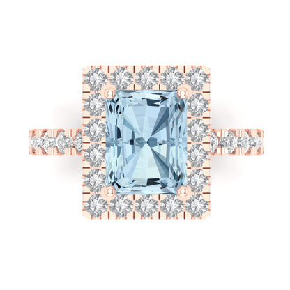 3.84 cttw Natural Aquamarine Solitaire with Zirconia Simulated Diamond Accents Engagement Ring - Solid Rose Gold (VVS1, Emerald Cut,9x7mm)