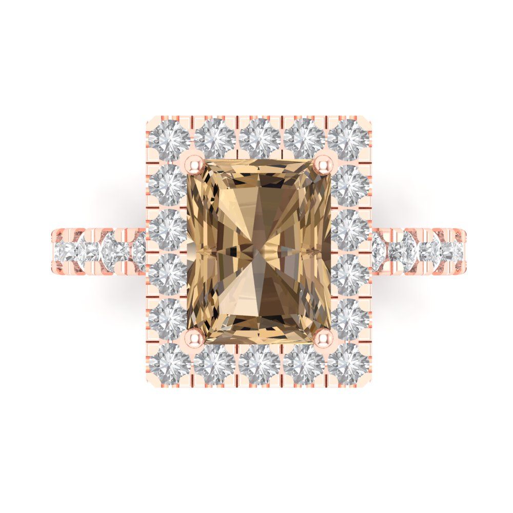 3.84 cttw Zirconia Simulated Champagne Diamond Solitaire with Zirconia Simulated Diamond Accents Engagement Ring - Solid Rose Gold (VVS1, Emerald Cut,9x7mm)