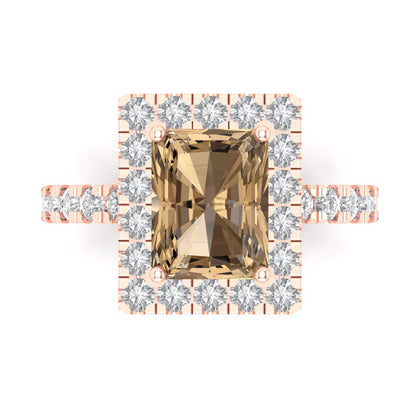 3.84 cttw Zirconia Simulated Champagne Diamond Solitaire with Zirconia Simulated Diamond Accents Engagement Ring - Solid Rose Gold (VVS1, Emerald Cut,9x7mm)